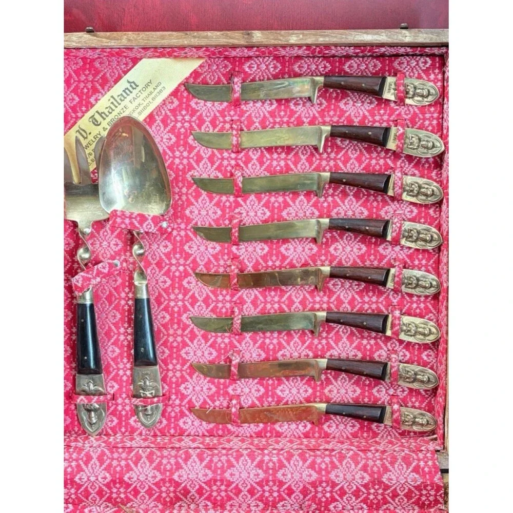 Vintage V. Thailand Jewelry & Bronze Factory Siam Bronze Flatware Set w/ Case